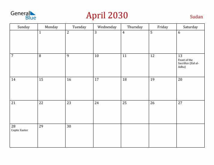 Sudan April 2030 Calendar - Sunday Start