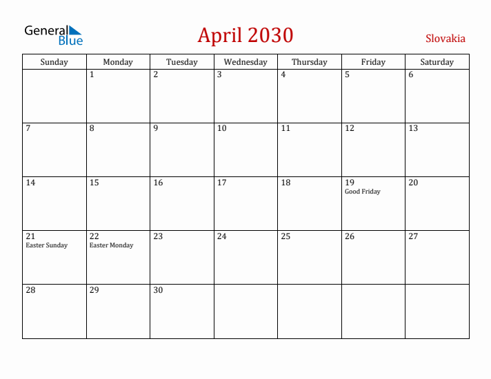 Slovakia April 2030 Calendar - Sunday Start