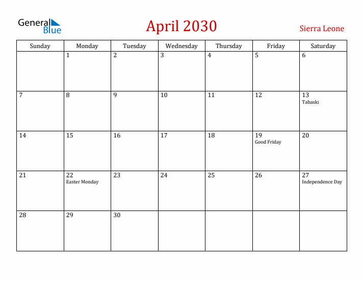 Sierra Leone April 2030 Calendar - Sunday Start