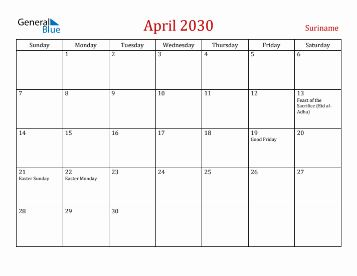 Suriname April 2030 Calendar - Sunday Start