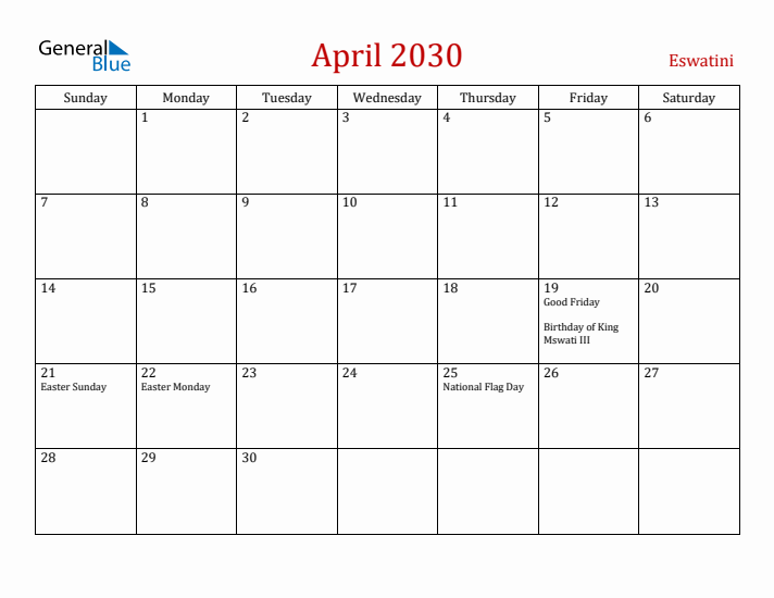 Eswatini April 2030 Calendar - Sunday Start