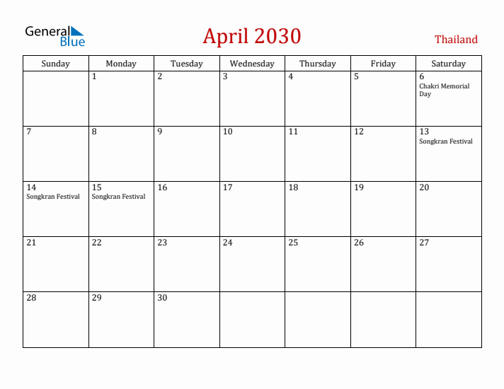 Thailand April 2030 Calendar - Sunday Start