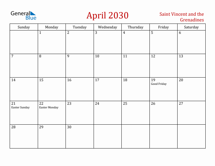 Saint Vincent and the Grenadines April 2030 Calendar - Sunday Start
