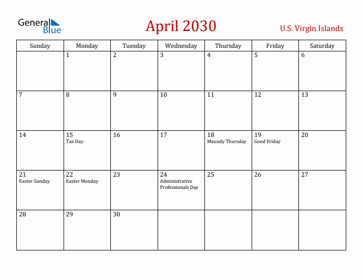 U.S. Virgin Islands April 2030 Calendar - Sunday Start