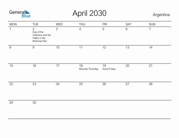 Printable April 2030 Calendar for Argentina
