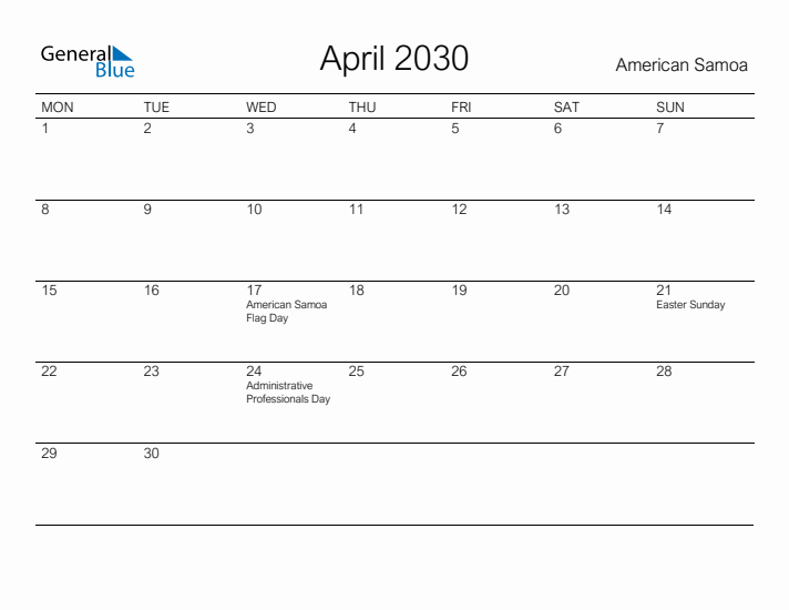 Printable April 2030 Calendar for American Samoa