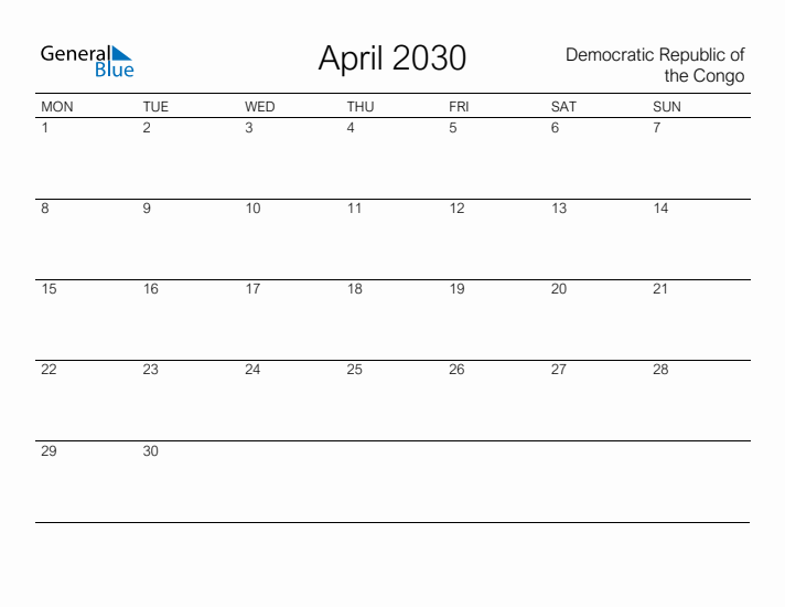 Printable April 2030 Calendar for Democratic Republic of the Congo