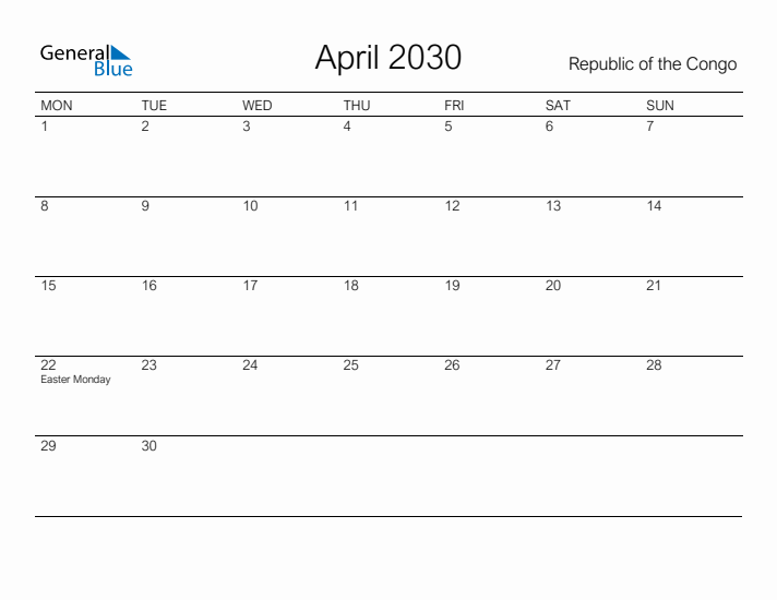 Printable April 2030 Calendar for Republic of the Congo