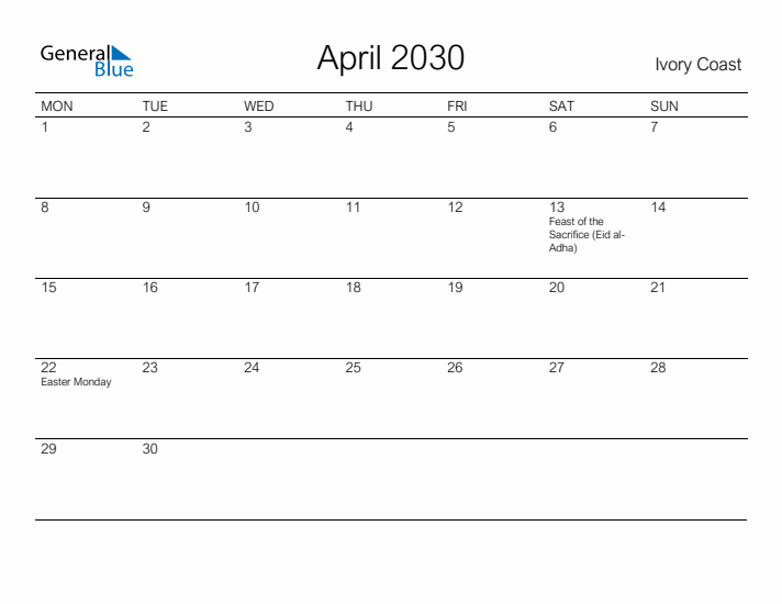 Printable April 2030 Calendar for Ivory Coast