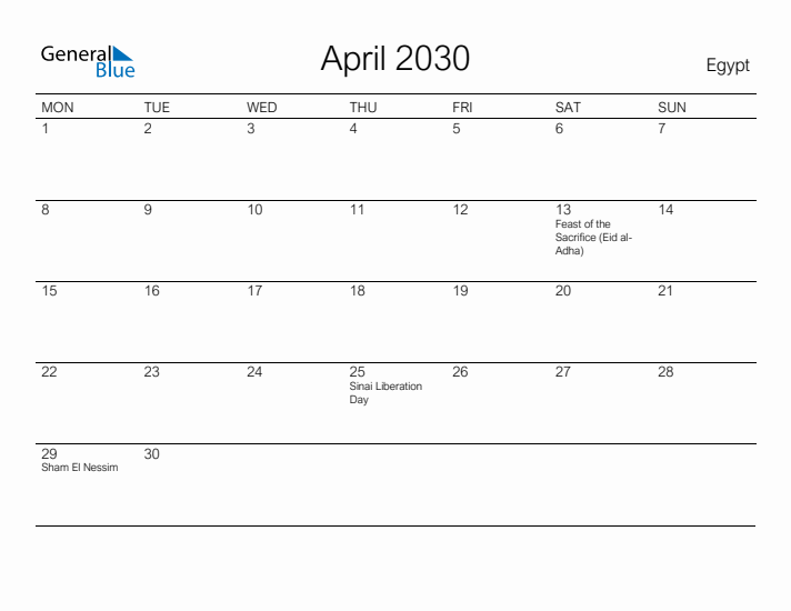 Printable April 2030 Calendar for Egypt
