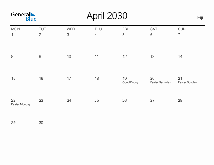 Printable April 2030 Calendar for Fiji