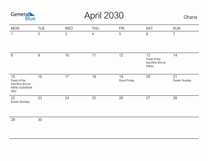 Printable April 2030 Calendar for Ghana