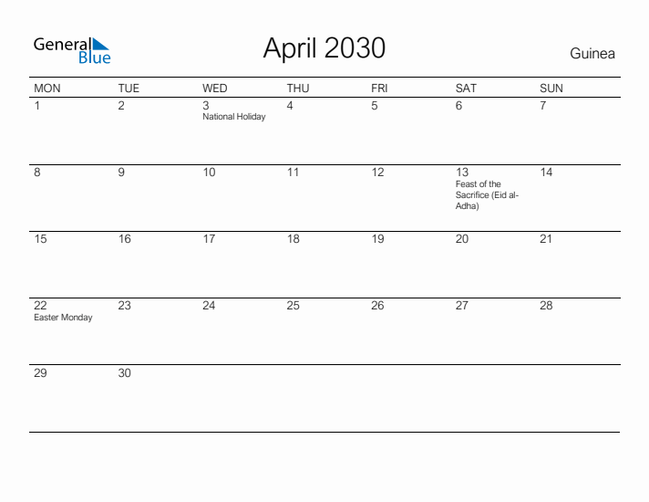 Printable April 2030 Calendar for Guinea
