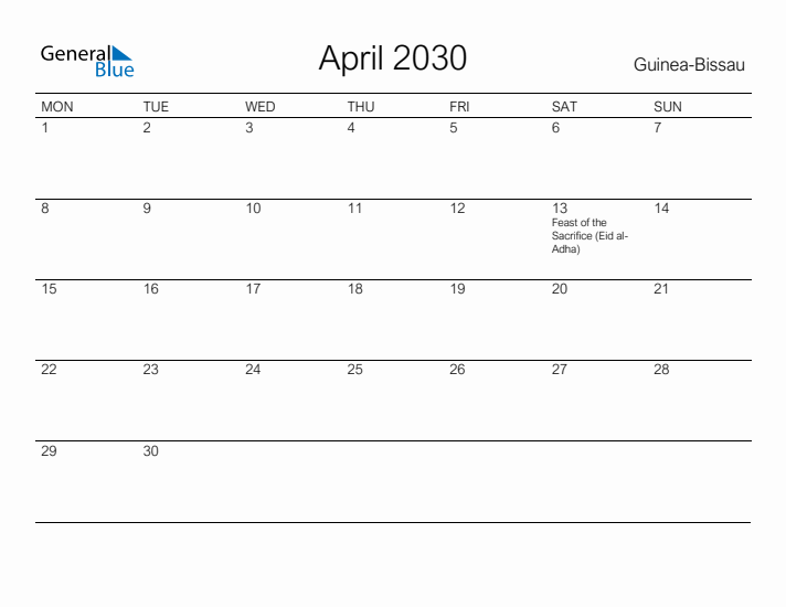 Printable April 2030 Calendar for Guinea-Bissau