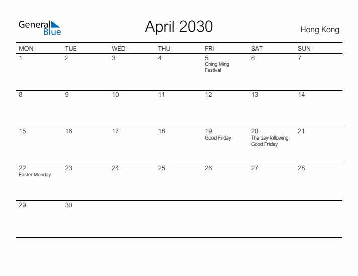 Printable April 2030 Calendar for Hong Kong
