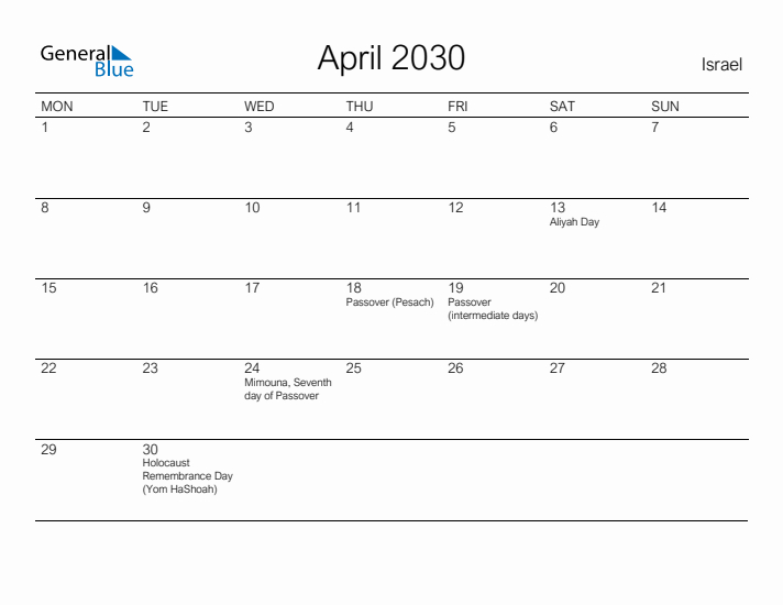 Printable April 2030 Calendar for Israel
