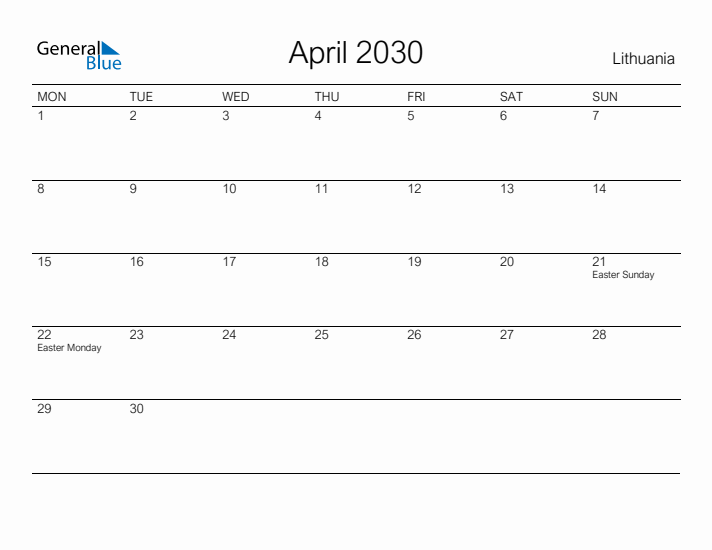 Printable April 2030 Calendar for Lithuania