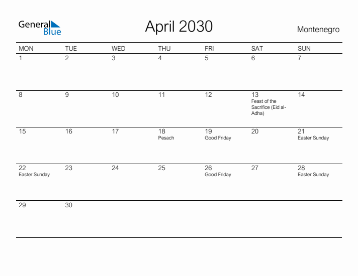 Printable April 2030 Calendar for Montenegro