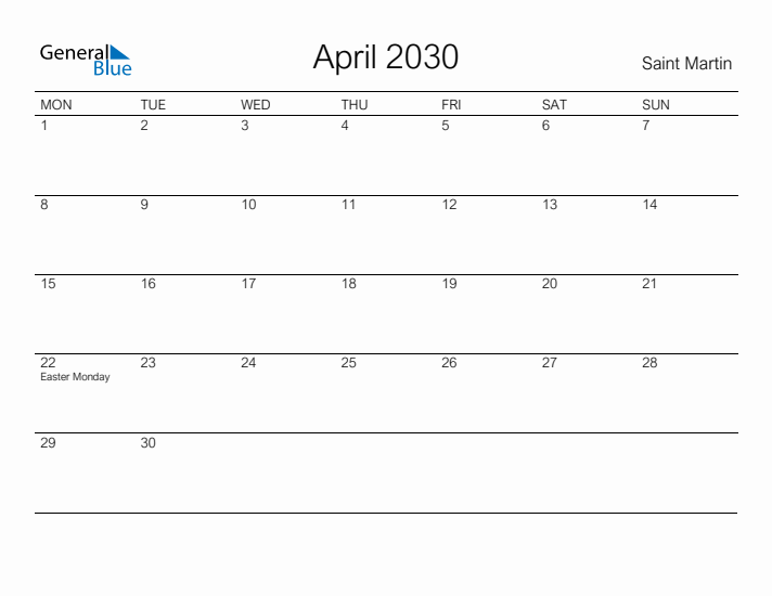 Printable April 2030 Calendar for Saint Martin