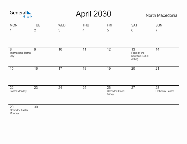 Printable April 2030 Calendar for North Macedonia