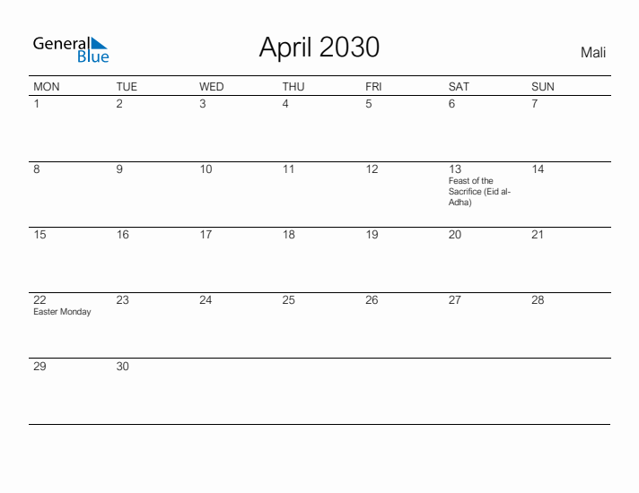 Printable April 2030 Calendar for Mali