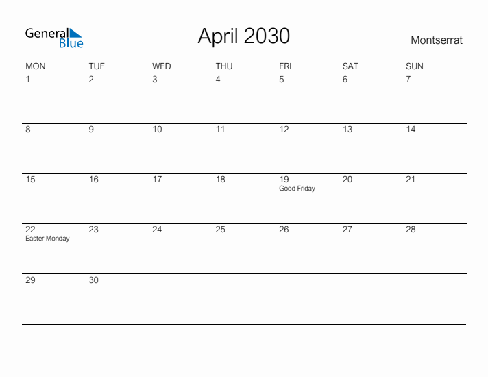 Printable April 2030 Calendar for Montserrat