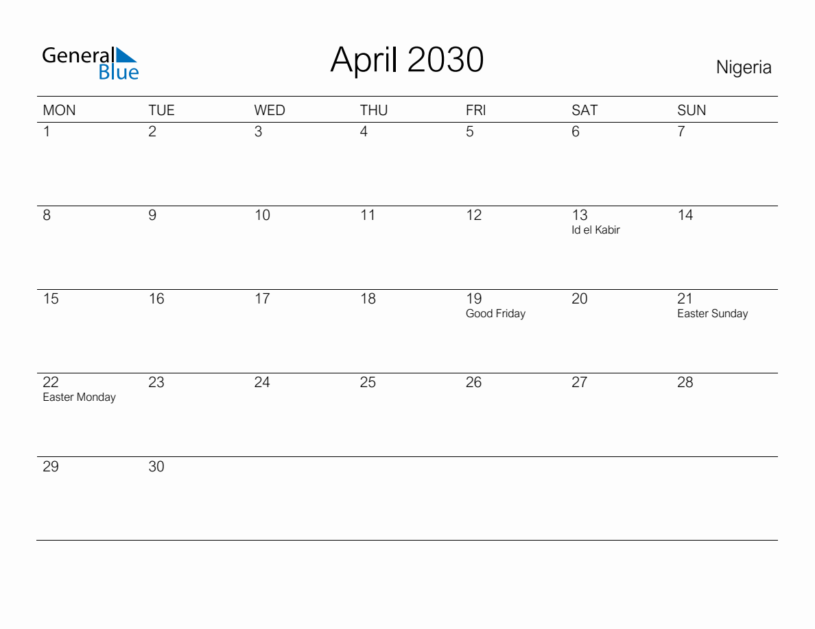 Printable April 2030 Monthly Calendar with Holidays for Nigeria (Monday ...