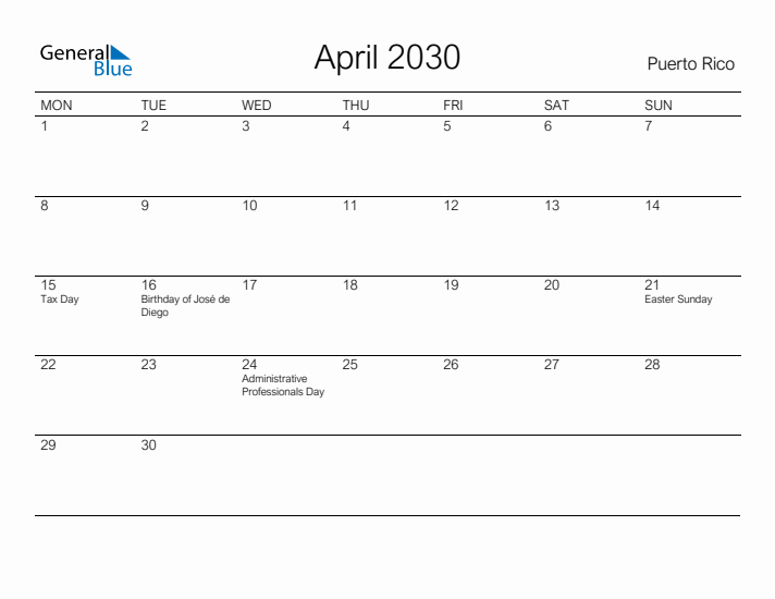 Printable April 2030 Calendar for Puerto Rico