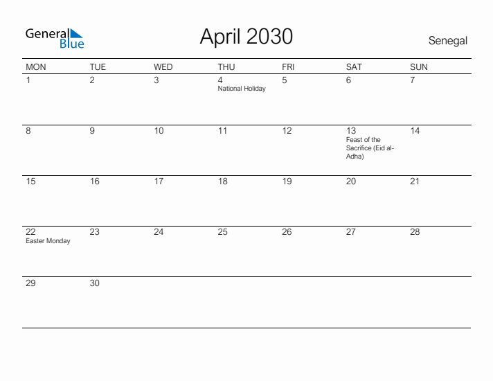 Printable April 2030 Calendar for Senegal