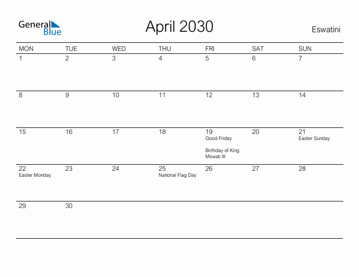 Printable April 2030 Calendar for Eswatini
