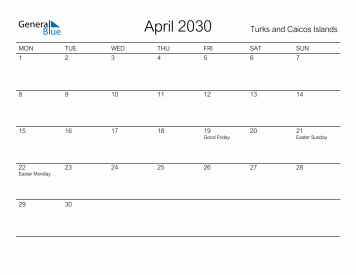 Printable April 2030 Calendar for Turks and Caicos Islands