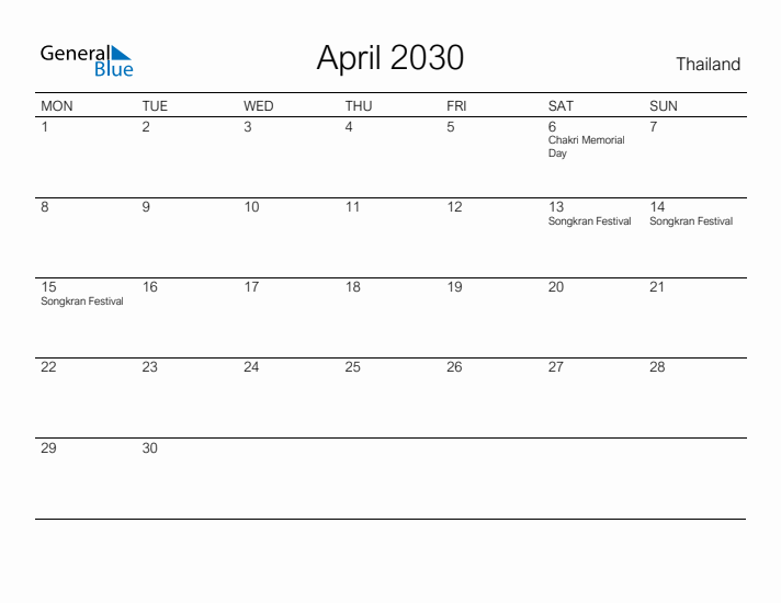Printable April 2030 Calendar for Thailand