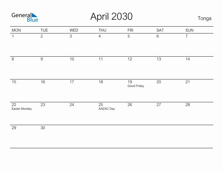 Printable April 2030 Calendar for Tonga