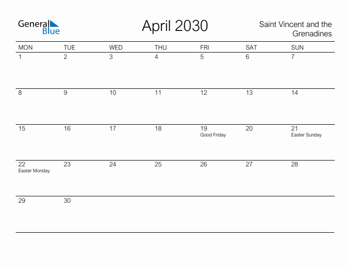 Printable April 2030 Calendar for Saint Vincent and the Grenadines