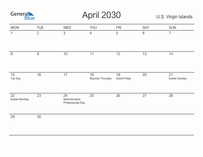 Printable April 2030 Calendar for U.S. Virgin Islands