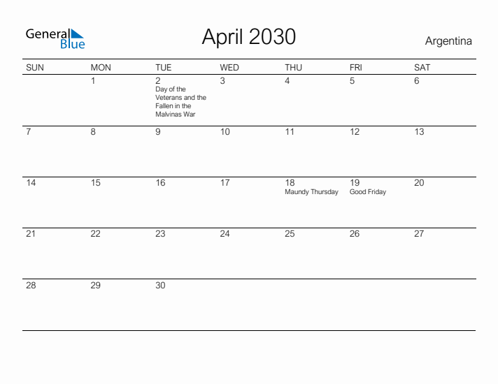 Printable April 2030 Calendar for Argentina