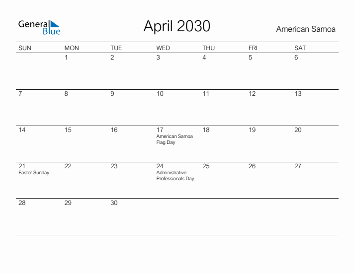 Printable April 2030 Calendar for American Samoa