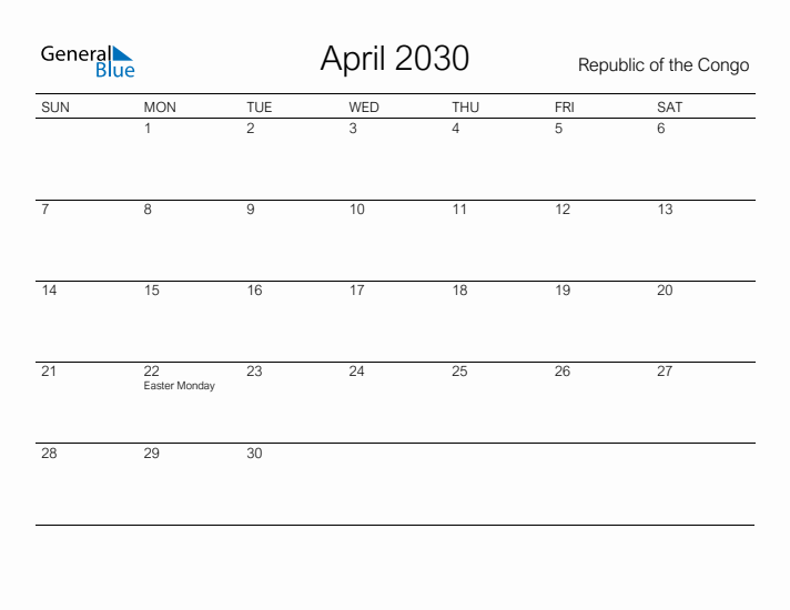 Printable April 2030 Calendar for Republic of the Congo