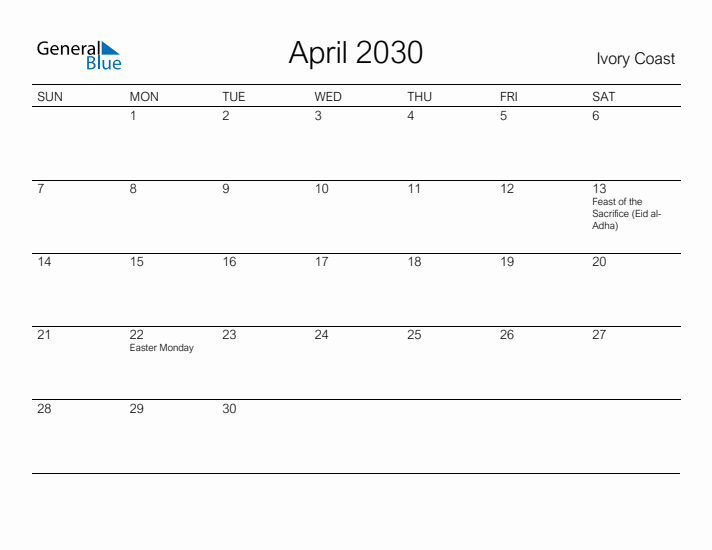 Printable April 2030 Calendar for Ivory Coast
