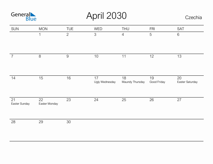 Printable April 2030 Calendar for Czechia