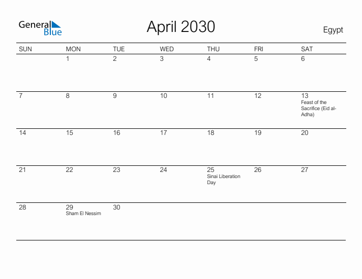 Printable April 2030 Calendar for Egypt