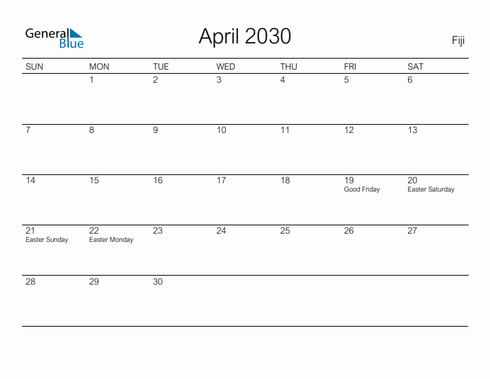 Printable April 2030 Calendar for Fiji