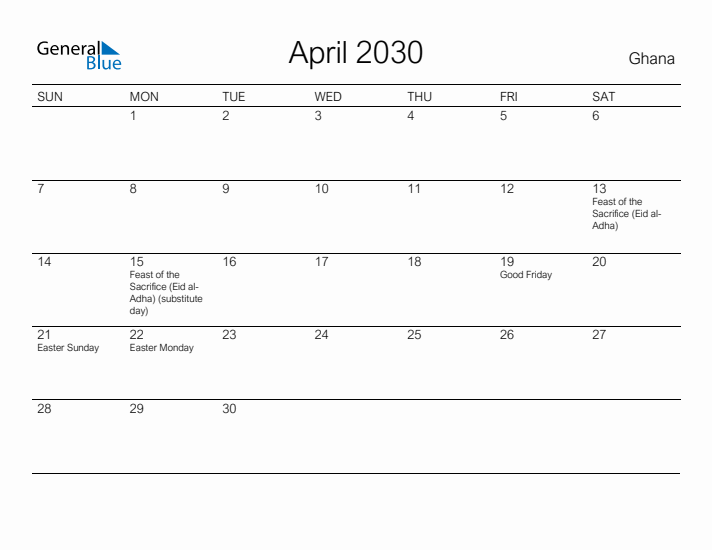 Printable April 2030 Calendar for Ghana