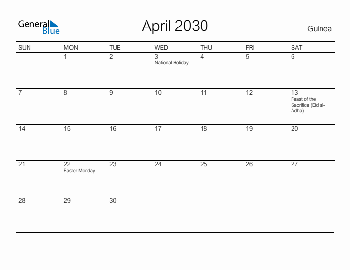 Printable April 2030 Calendar for Guinea