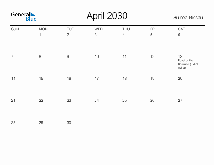 Printable April 2030 Calendar for Guinea-Bissau