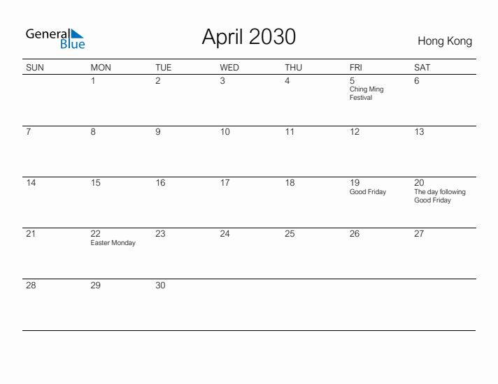 Printable April 2030 Calendar for Hong Kong