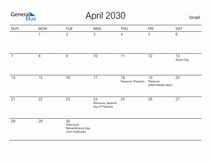 Printable April 2030 Calendar for Israel