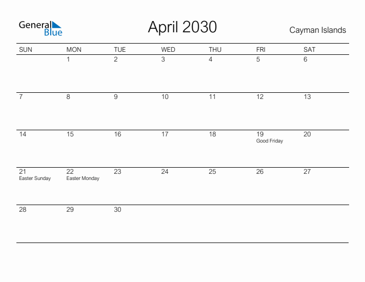 Printable April 2030 Calendar for Cayman Islands
