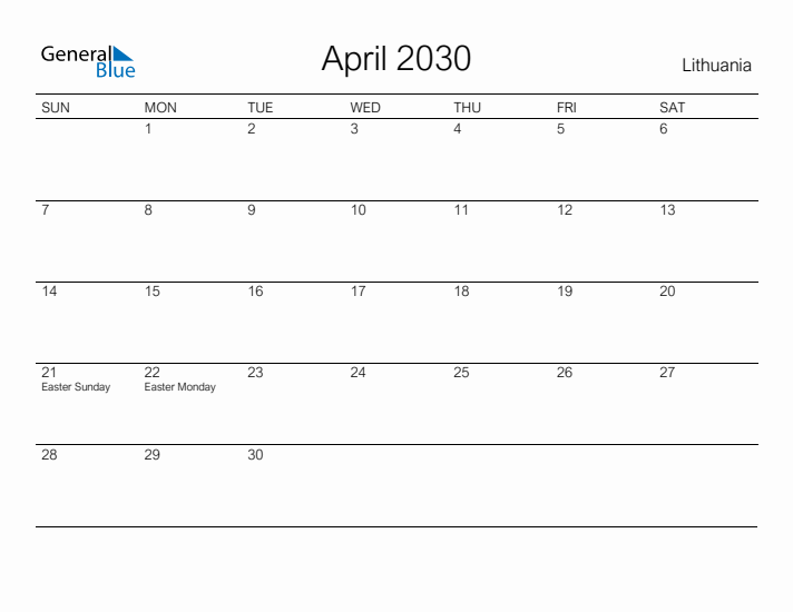 Printable April 2030 Calendar for Lithuania