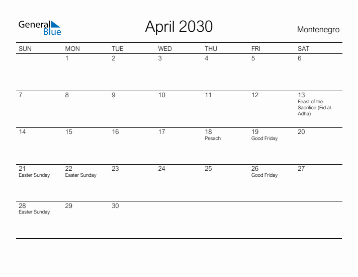 Printable April 2030 Calendar for Montenegro
